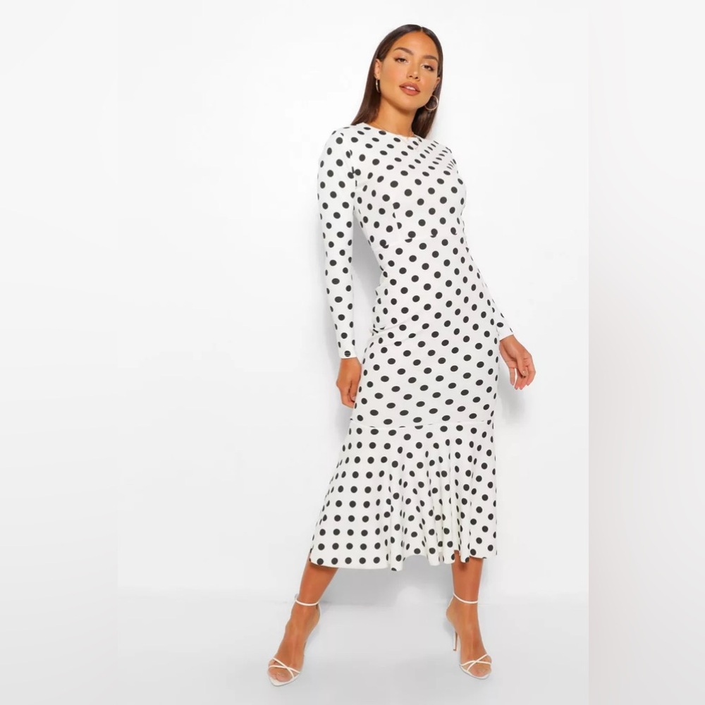 Boohoo POLKA DOT FISHTAIL LONG SLEEVE MIDI DRESS White Black Size 12 Women